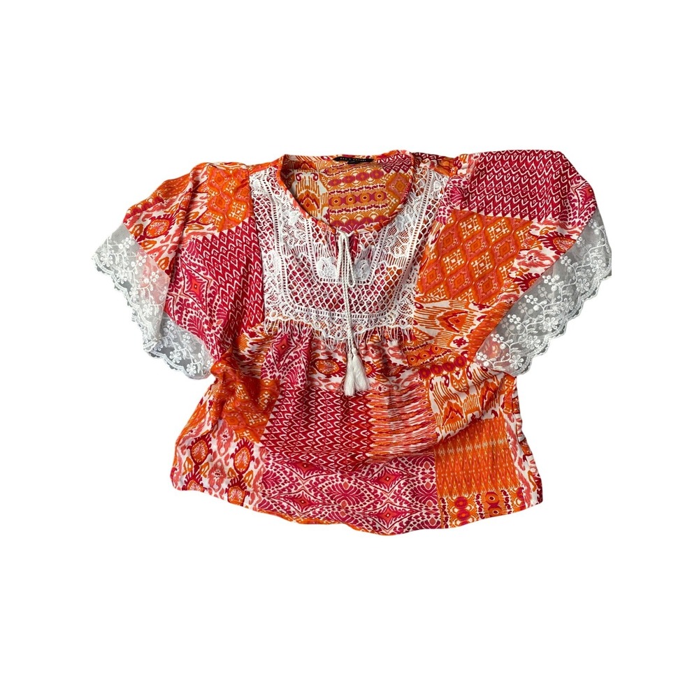 Zac & Rachael Blouse Womens Small Boho Patchwork Crochet Lace Butterfly Tassel